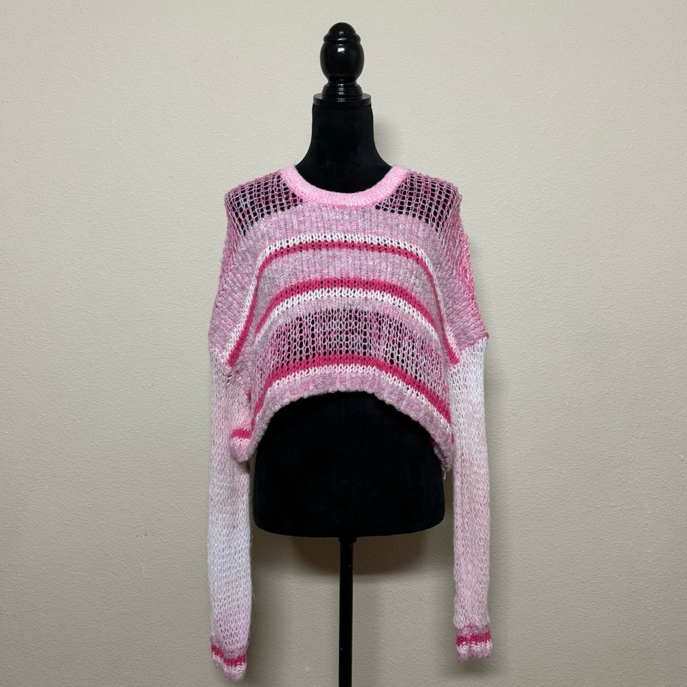 Kimchi Blue top women medium sheer lightweight striped cropped crewneck sweater